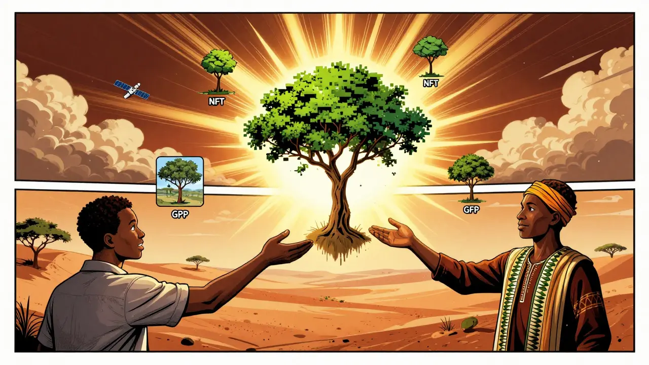 An NFT transforms into real trees being planted in Kenya, with satellite data and GPS coordinates visible, as donors from Tokyo and a local farmer reach toward the living digital proof.