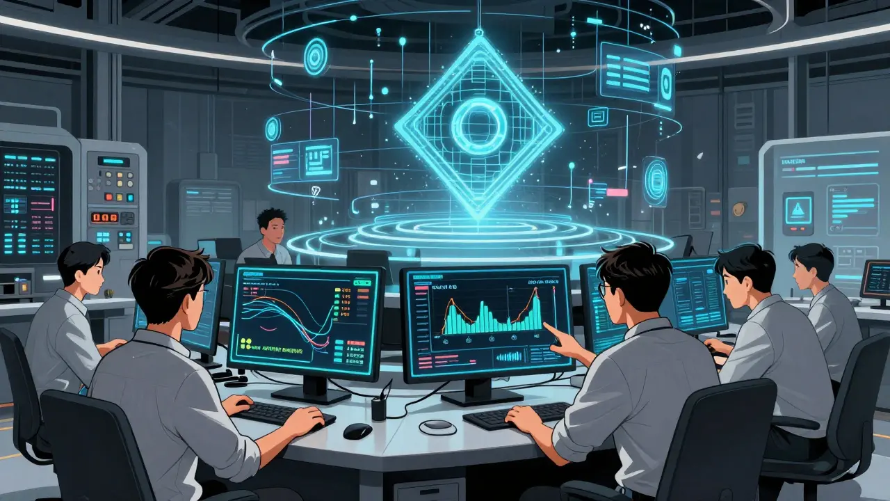 Bifrost Inc. engineers monitor AEVUM and Vivaion player metrics on holographic dashboards with Solana blockchain visualization in the background.