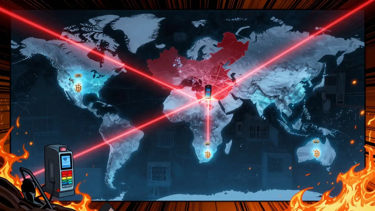 China's digital yuan spreads globally via trade routes while Bitcoin mining shuts down, illustrated in comic book style.