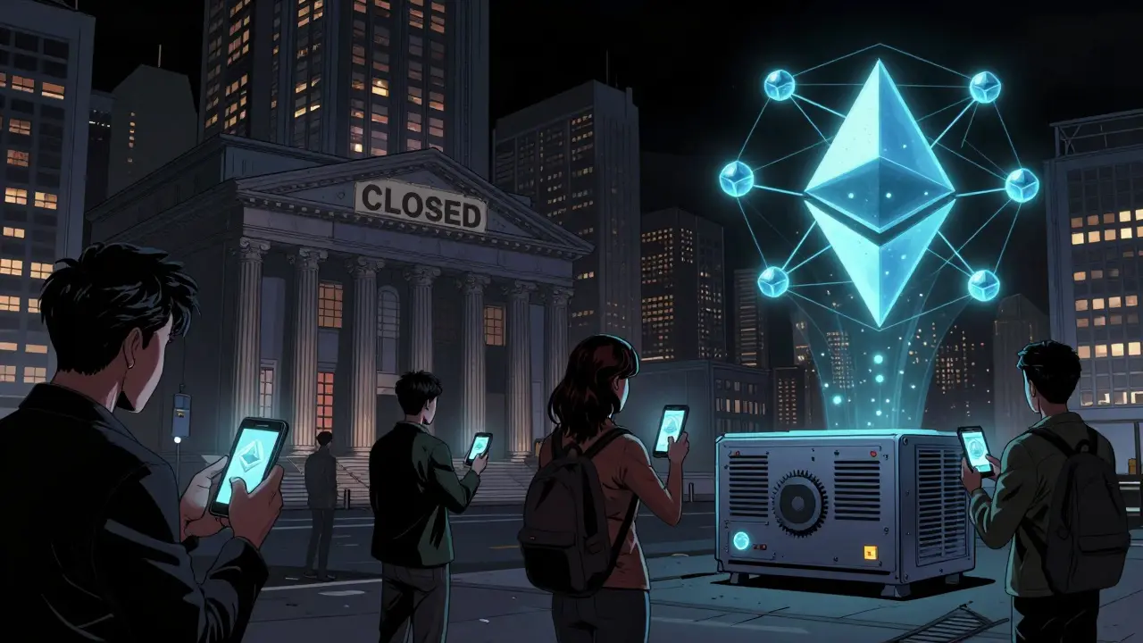 Citizens in a blackout city sending crypto transactions through airborne P2P nodes, while a closed bank tower contrasts with a powered blockchain node.