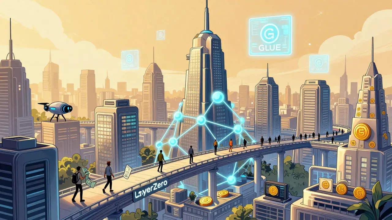 Cityscape of blockchain-shaped buildings connected by glowing bridges, with people using GLUE tokens for daily transactions.