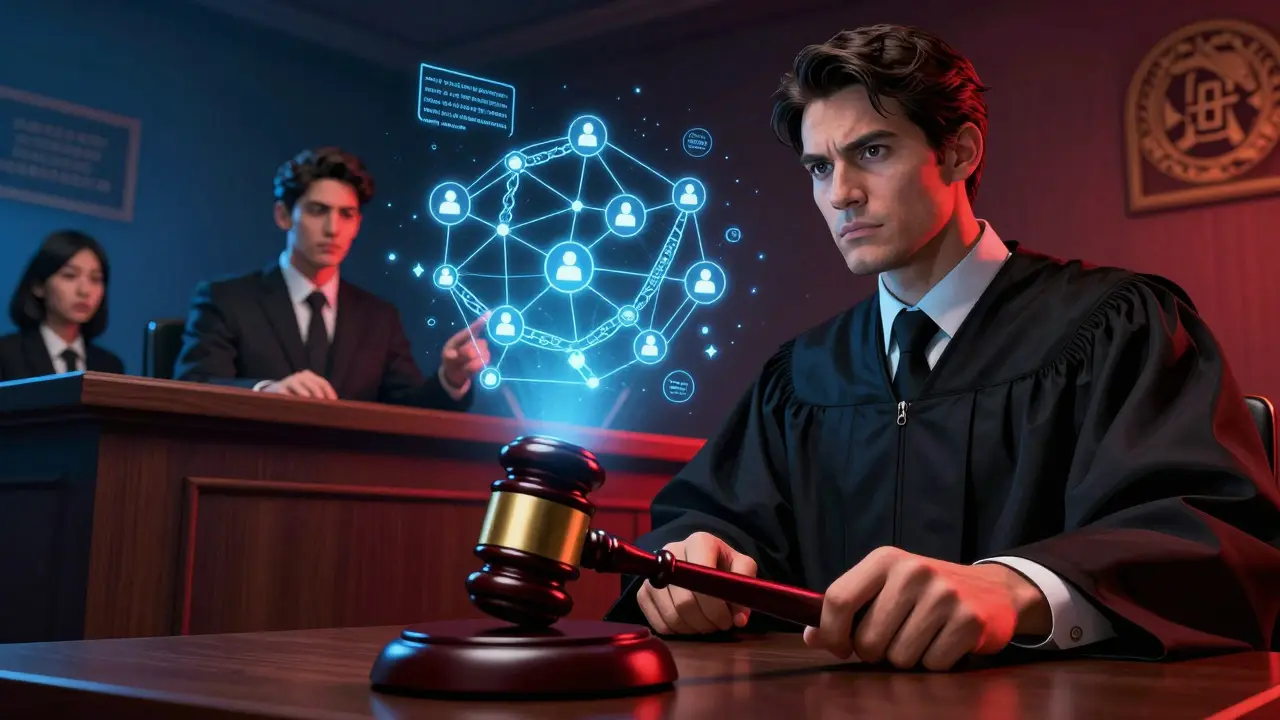 Courtroom scene with blockchain network as defendant in legal dispute