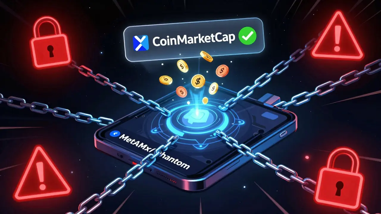 Digital wallet connected to a blockchain testnet with CoinMarketCap verification checkmark glowing above.