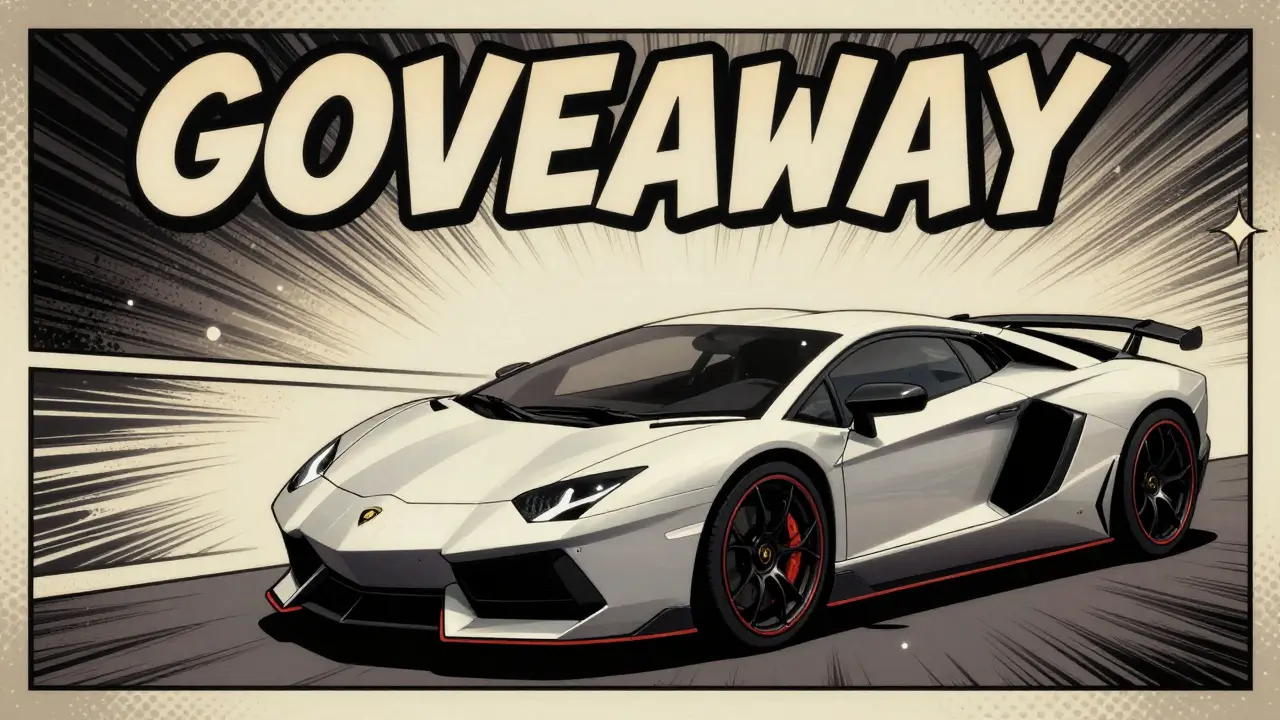 Lamborghini giveaway poster with no winners or evidence