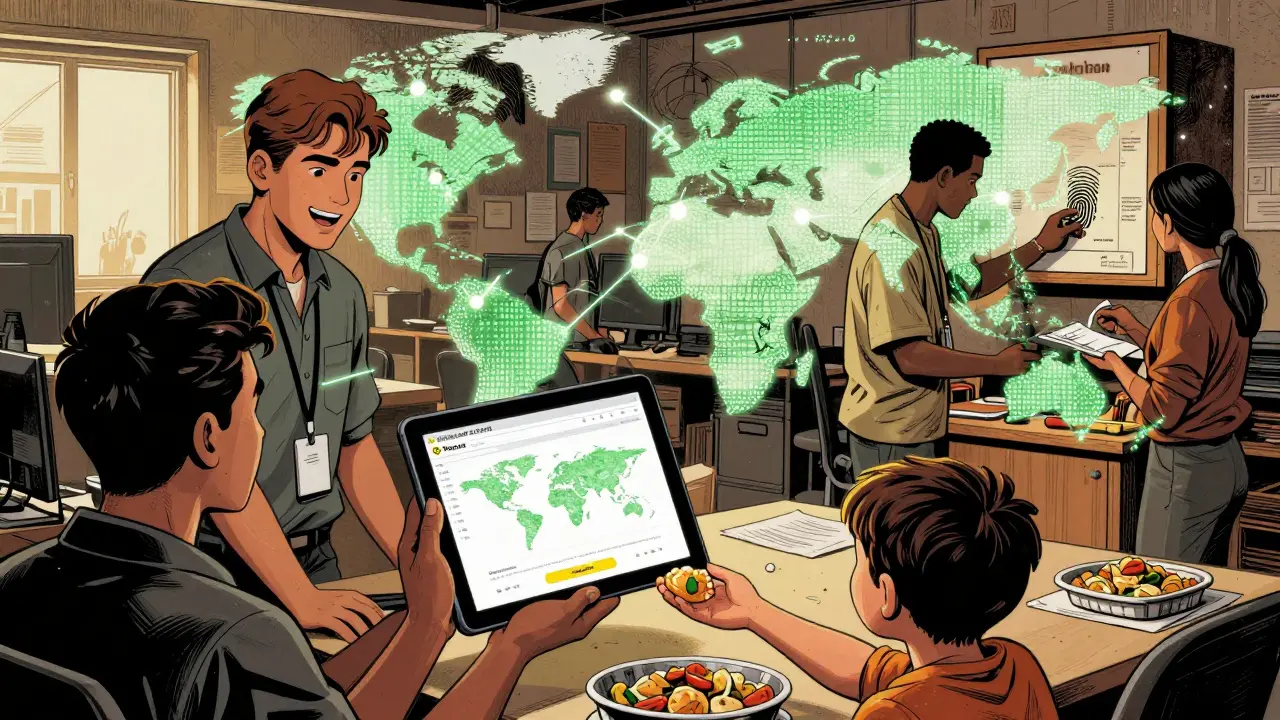 Nonprofit workers monitor global crypto donations on a tablet while assisting refugees in Jordan, with blockchain nodes connecting continents in glowing green trails.