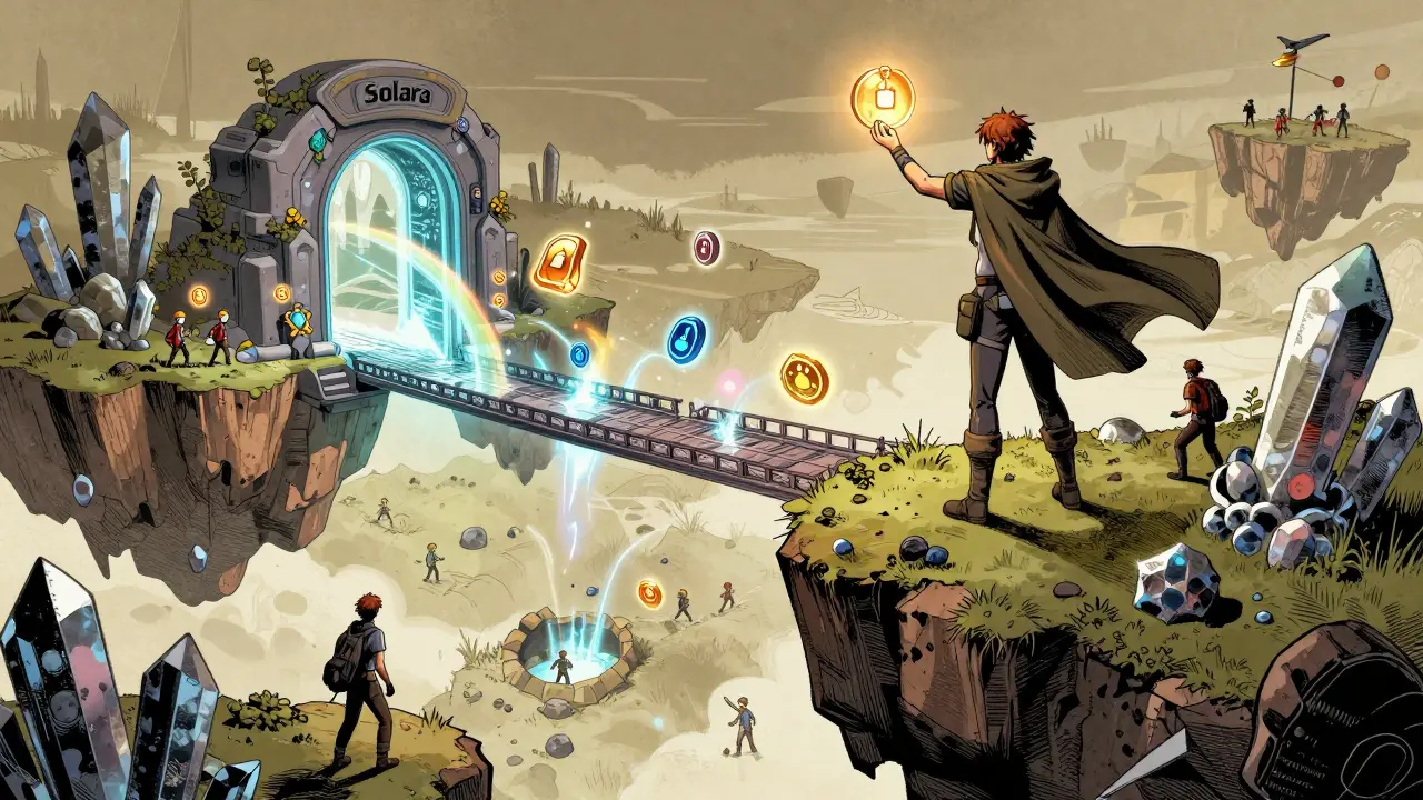 Player on a floating island holding a rare NFT cloak as others mine AEVUM ore and a Solara Bridge transforms items into blockchain tokens.