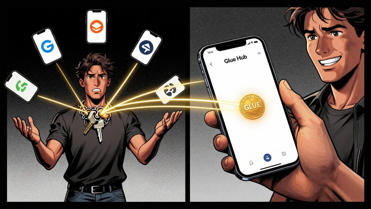 Split scene: chaotic juggling of crypto wallets vs. single Glue Hub interface simplifying everything.