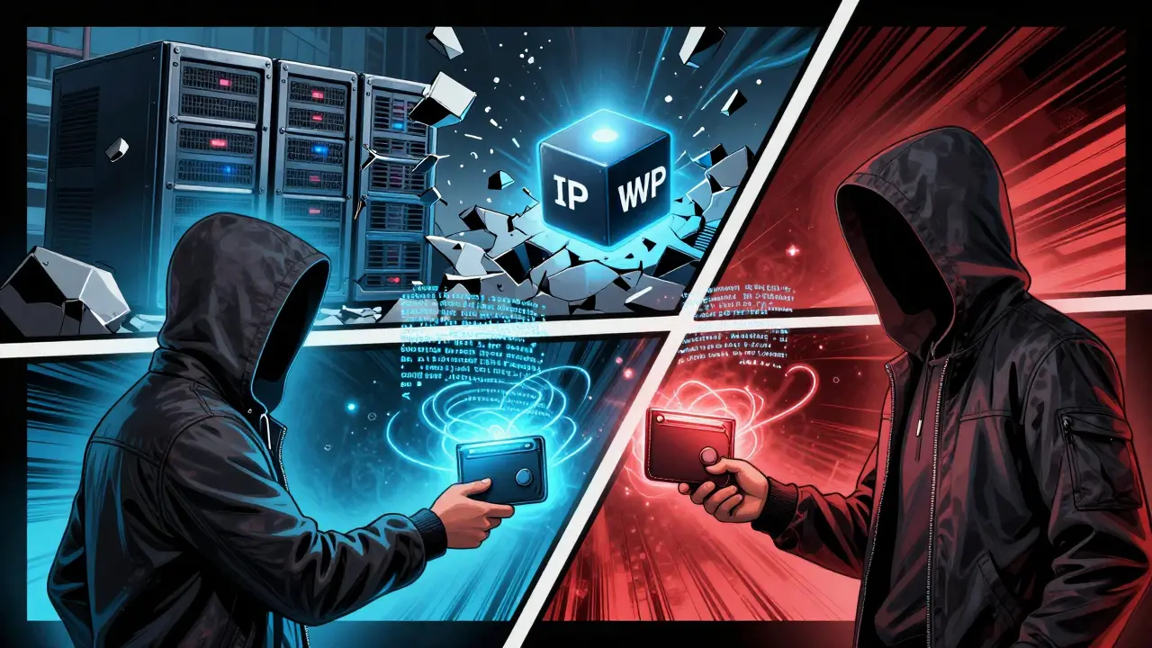 Two anonymous users trade NFTs via smart contracts while centralized servers collapse in the background, rendered in graphic novel style.