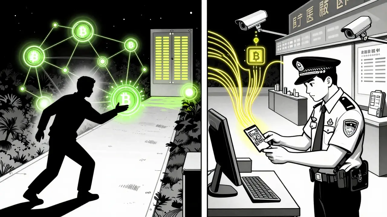 Two paths: one showing decentralized Bitcoin transactions, the other state-monitored e-CNY payments, in graphic novel style.