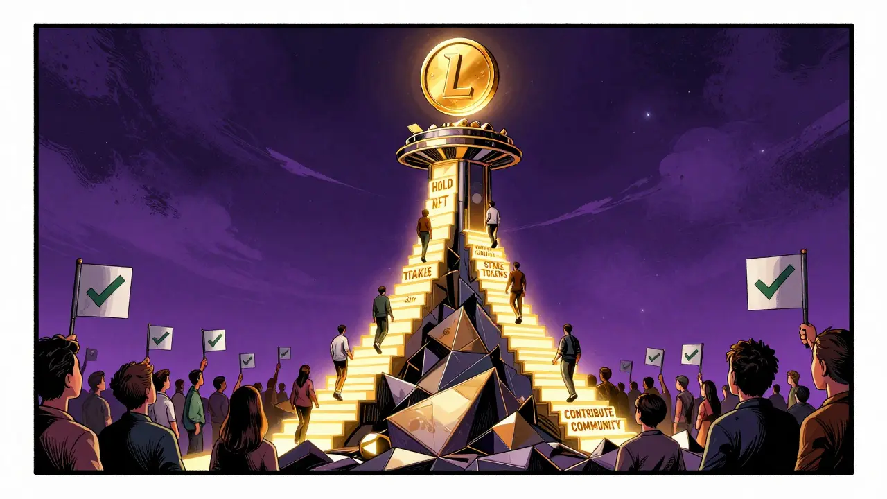 Users ascending steps labeled with actions to reach a radiant NFTL token atop a blockchain platform.