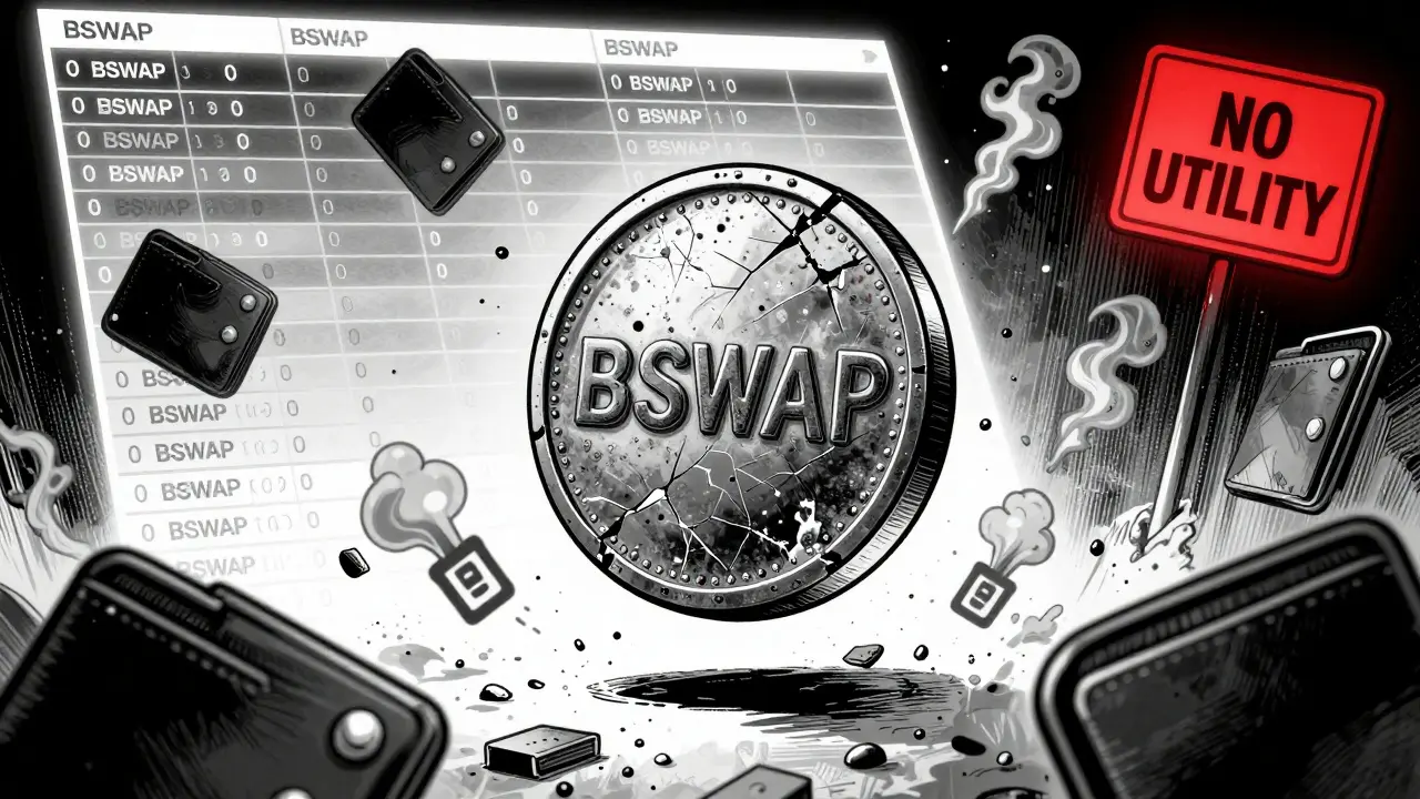 A broken BSWAP token dissolving into smoke beside empty wallets and a blockchain ledger showing zero values.