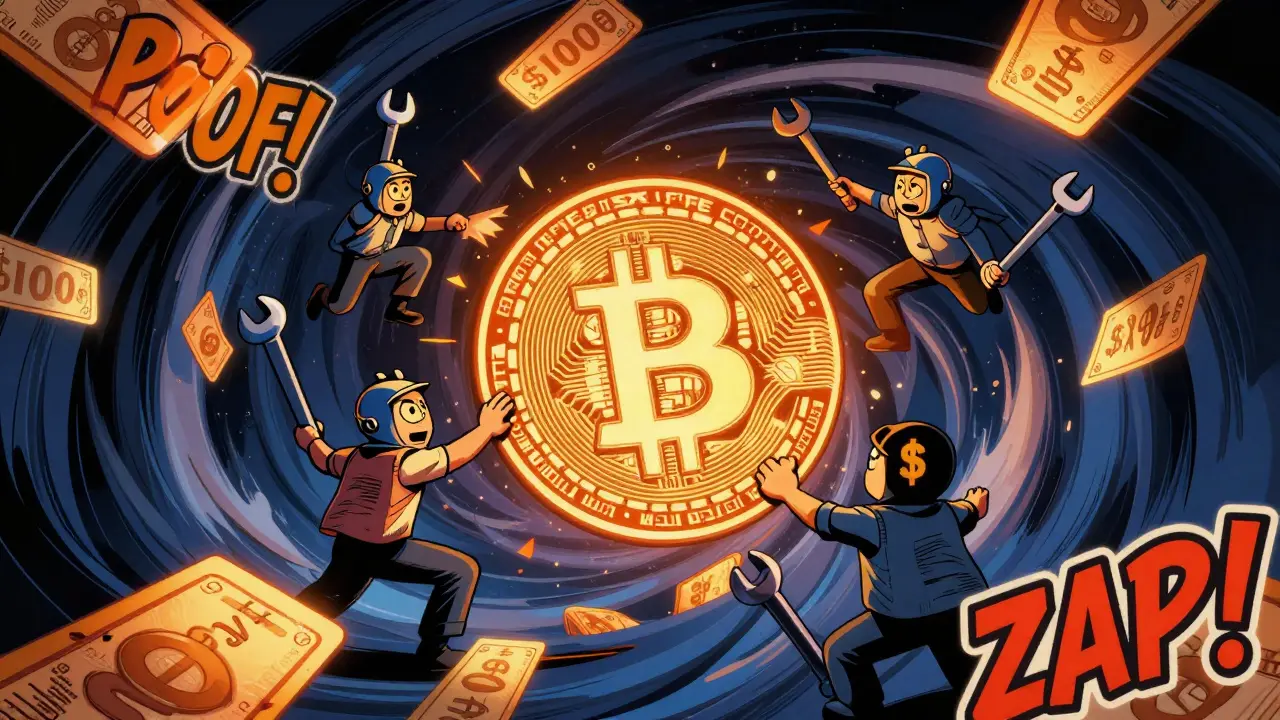 A chaotic digital mempool with competing Bitcoin transactions, miners choosing the highest fee.