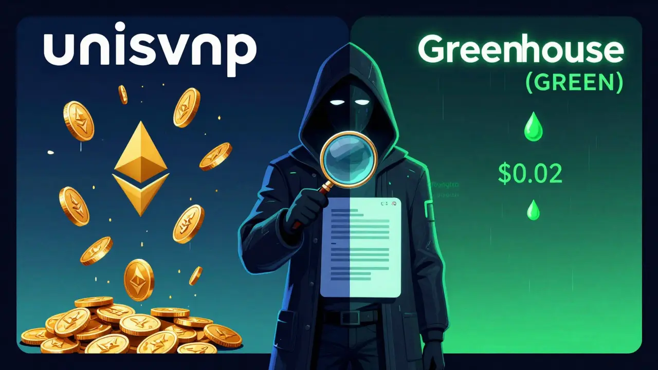 A comparison between high-fee Ethereum DEXs and low-fee Greenhouse on Polygon, with a masked figure inspecting a smart contract.