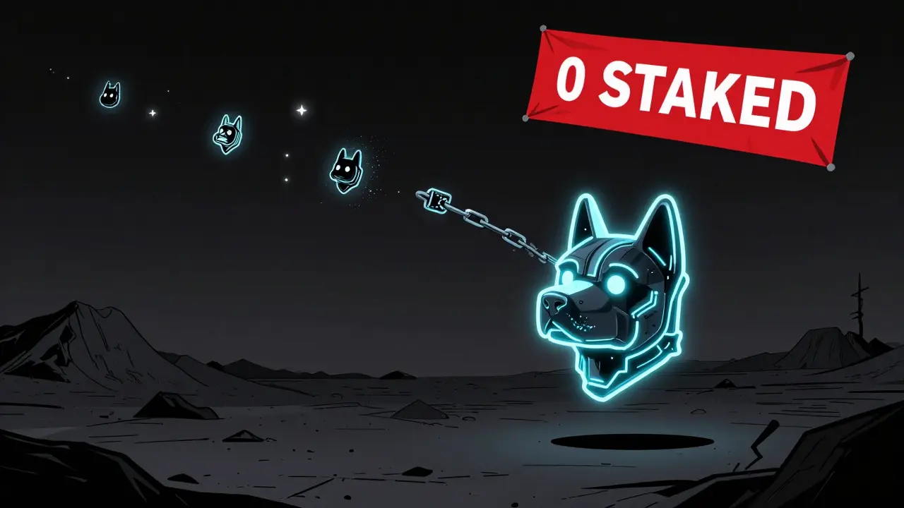 A cyberpunk NFT dog token fading as three reward tokens drift away into darkness, symbolizing inactivity.