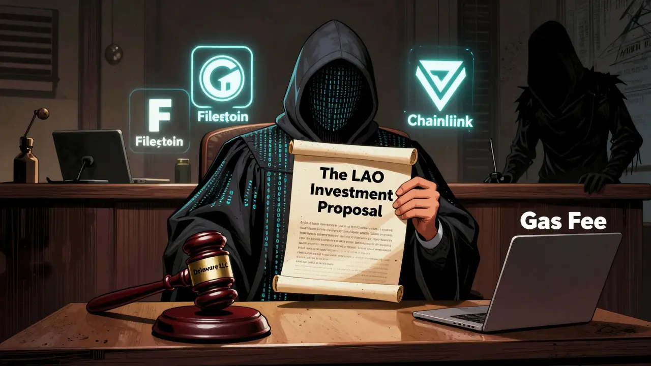 A DAO member presents an investment proposal in a courtroom where the judge wears binary code robes, with startup icons glowing behind them.