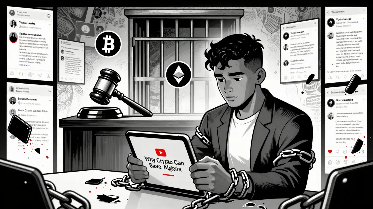 A developer deletes a crypto video as digital chains and a gavel loom over them, surrounded by erased online content.