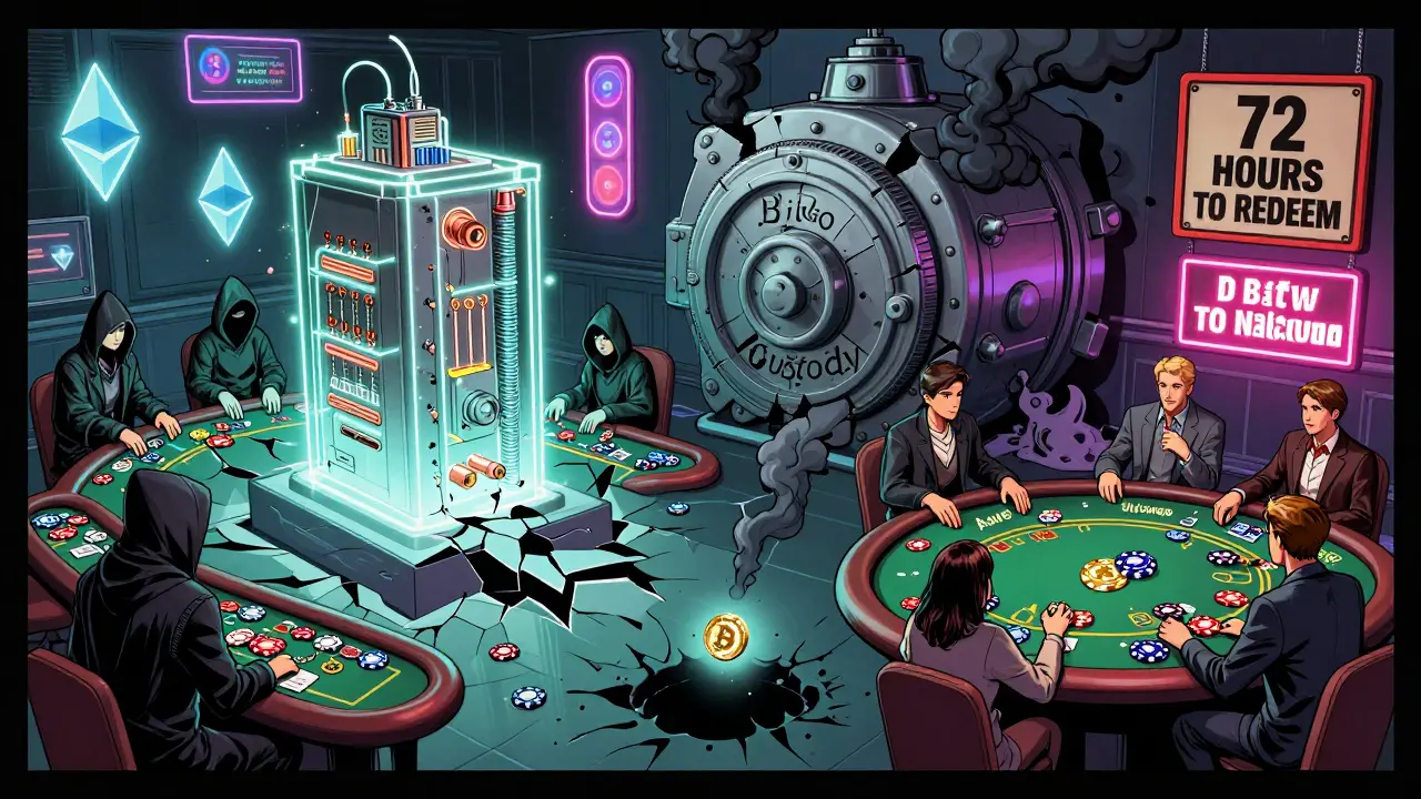 A fractured casino scene showing Bitcoin miners on one side and WBTC users gambling in DeFi on the other, with a failing custody vault.