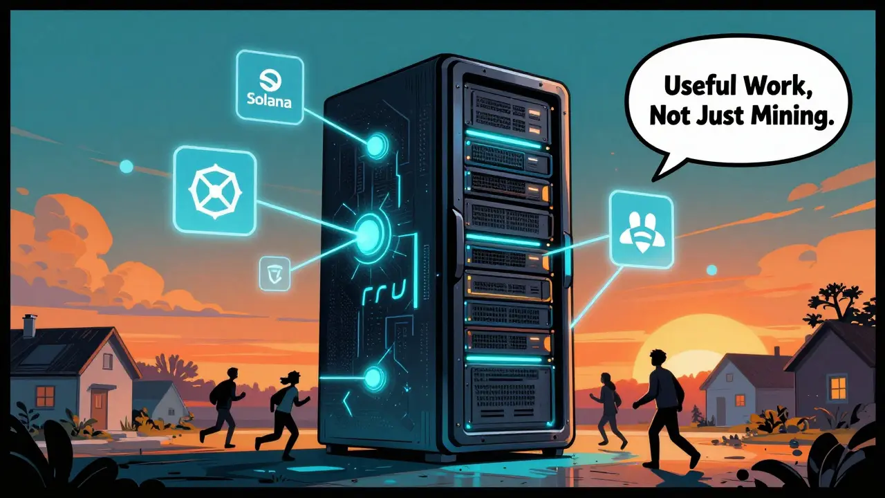 A glowing server rack connecting Solana, Polygon, and Arbitrum to the FLUX network, with users approaching from afar.