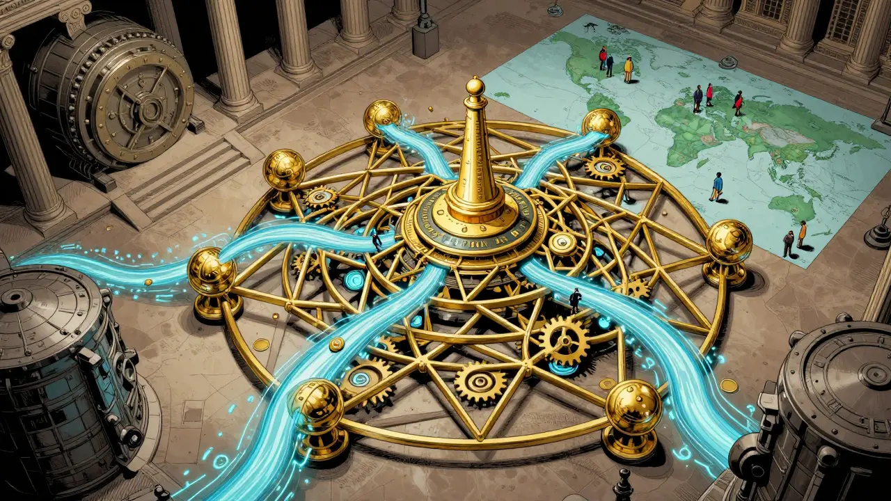 A golden blockchain web connects a museum, vault, and global traders, with digital glyphs and mechanical gears forming the structure.