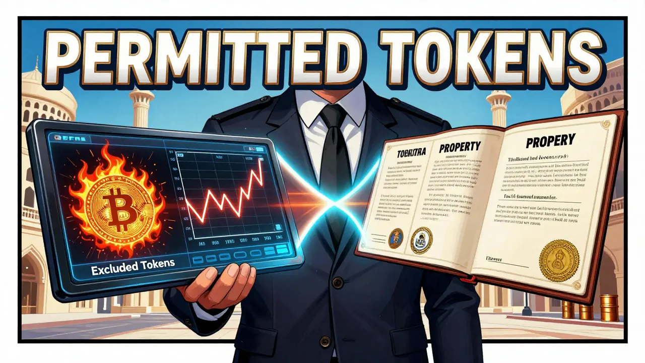 A government officer holds a digital ledger splitting banned crypto chaos from regulated asset tokens.