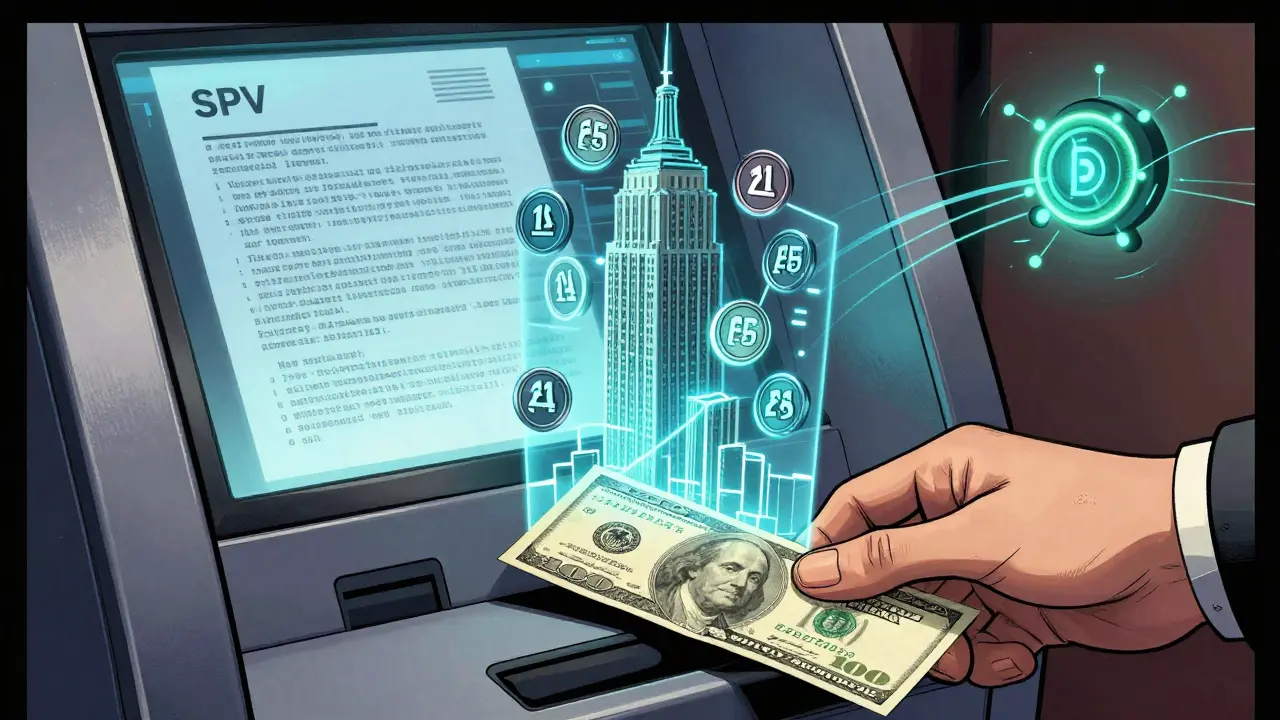 A hand deposits ,000 into a kiosk that transforms it into blockchain tokens linked to a holographic office tower, with legal and smart contract layers visible.
