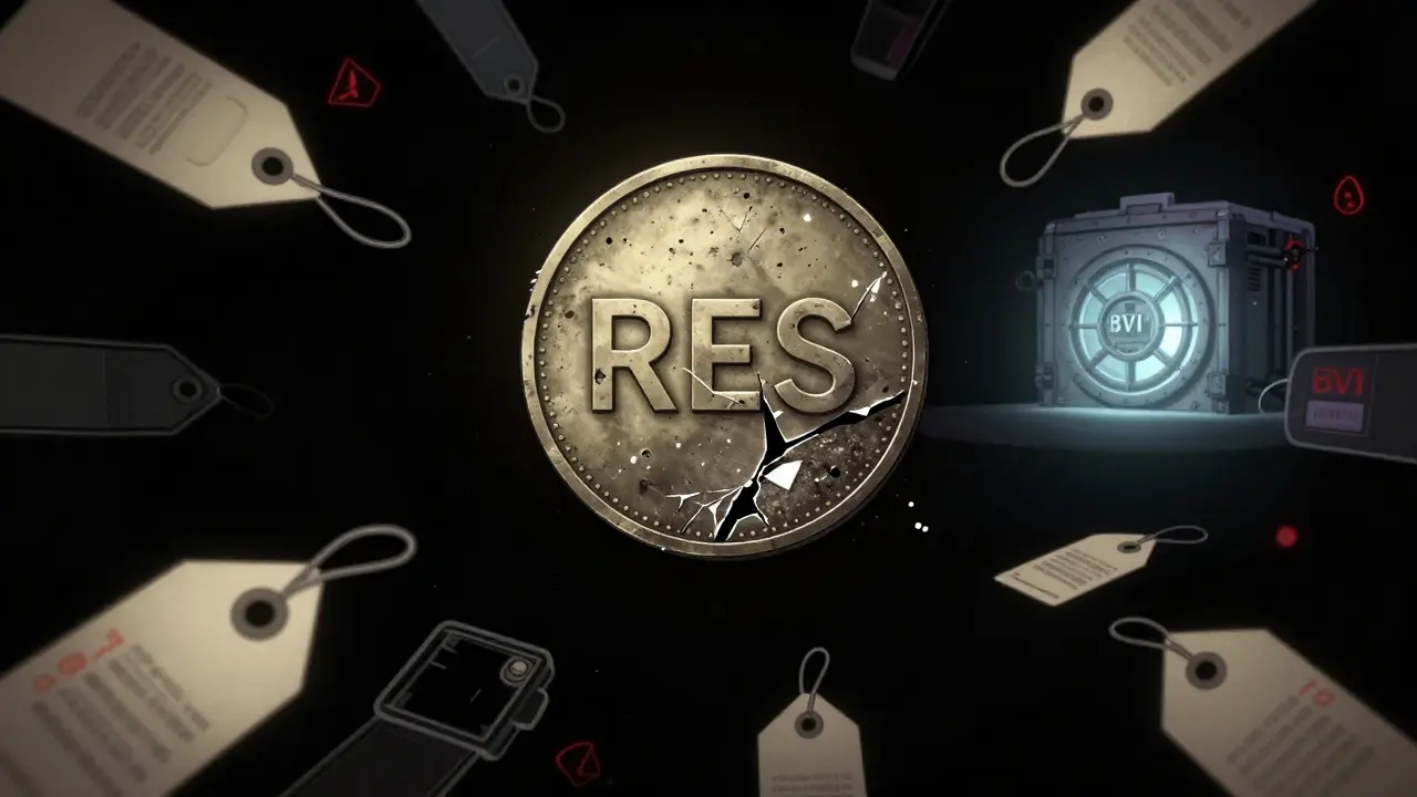 A lone RES token floating in darkness, surrounded by zero-value tags and a distant BVI vault, symbolizing neglect.