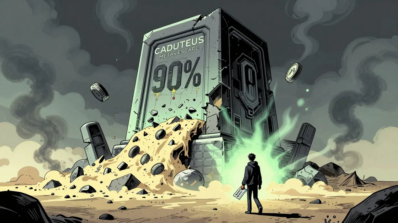 A massive blockchain monument crumbles as tokens spill into nothingness, while a lone figure walks away.