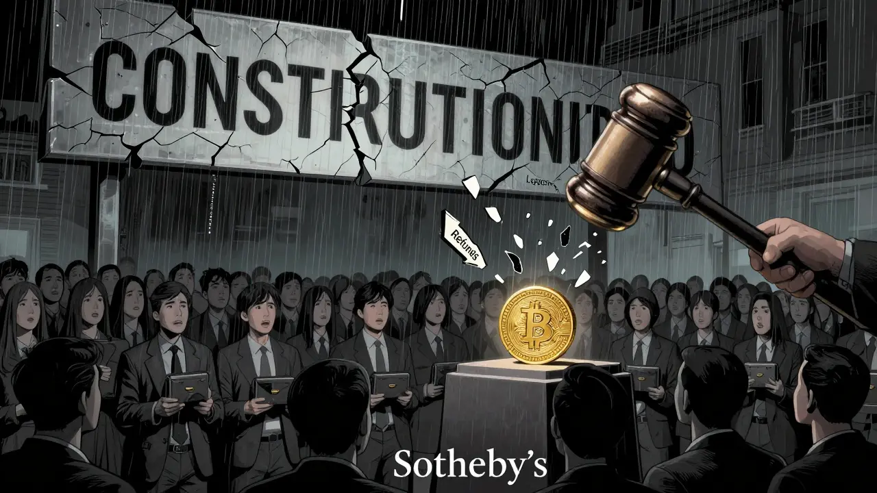 A massive crowd watches as a ConstitutionDAO auction hammer falls just out of reach, ETH coins shattering into refund fragments.
