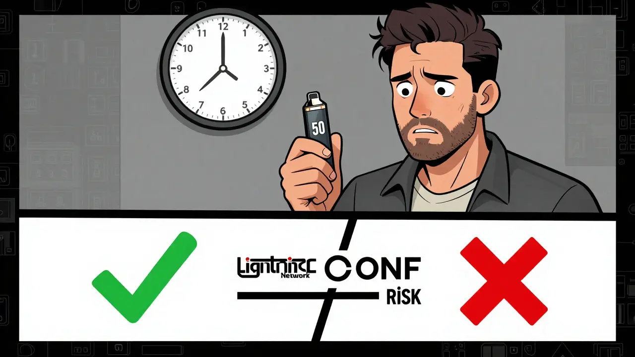 A merchant faces a choice between risky zero-confirmation and secure Lightning Network payments.