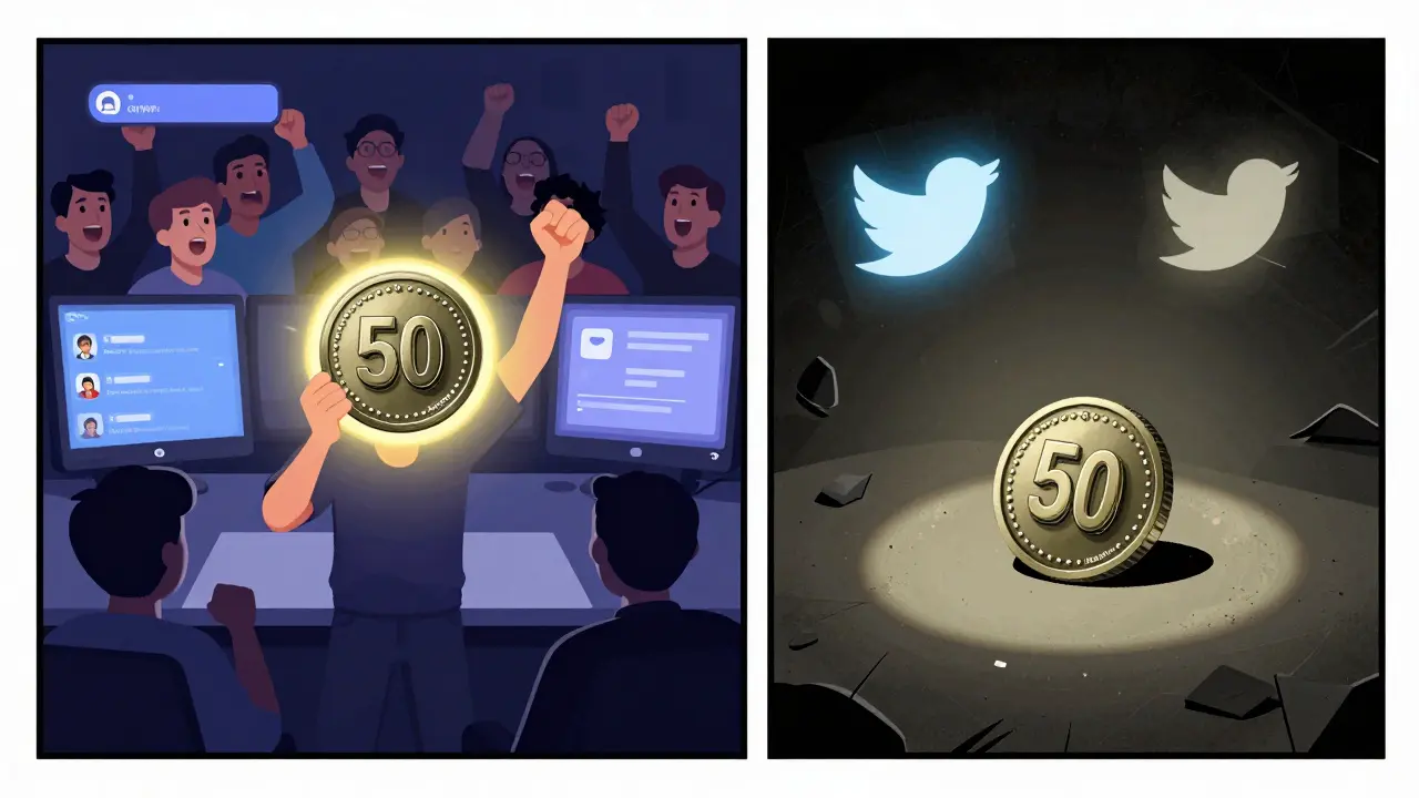 A participant celebrates a 50 CMP token reward, then later, the same token sits forgotten on a dusty desk.