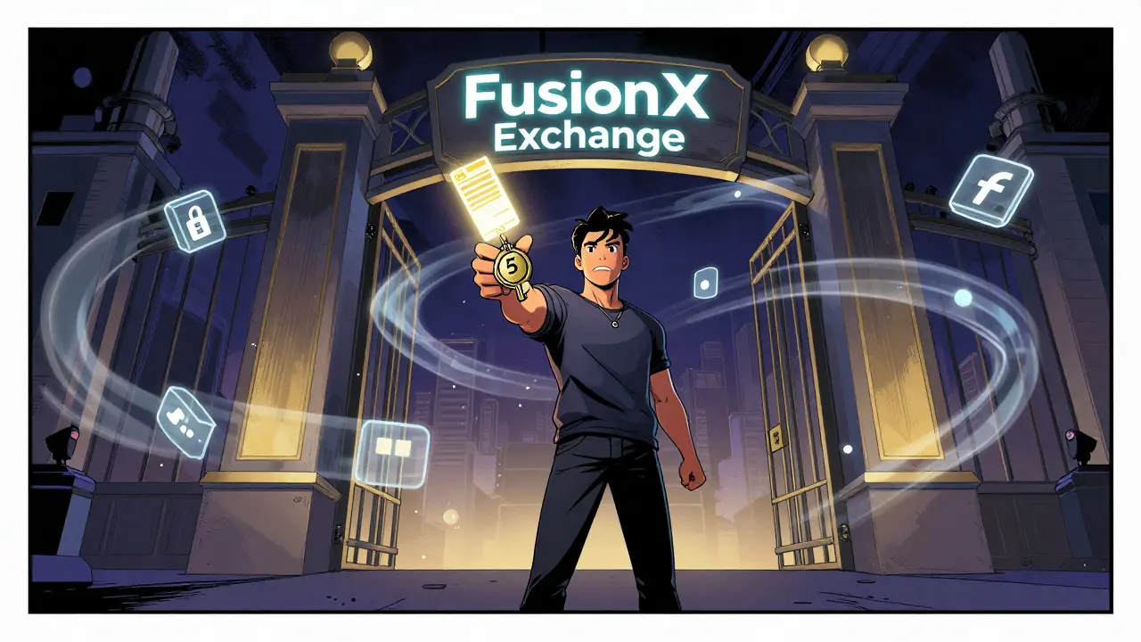 A person holding a 5-FLUX token as a key, standing before the FusionX Exchange gate with swirling blockchains behind them.