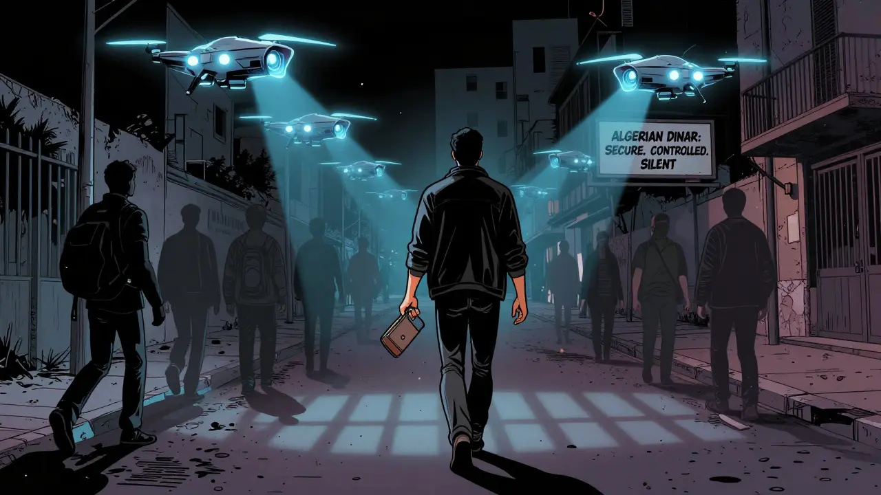 A person walks alone at night with a hardware wallet as surveillance drones cast prison bars over the street.