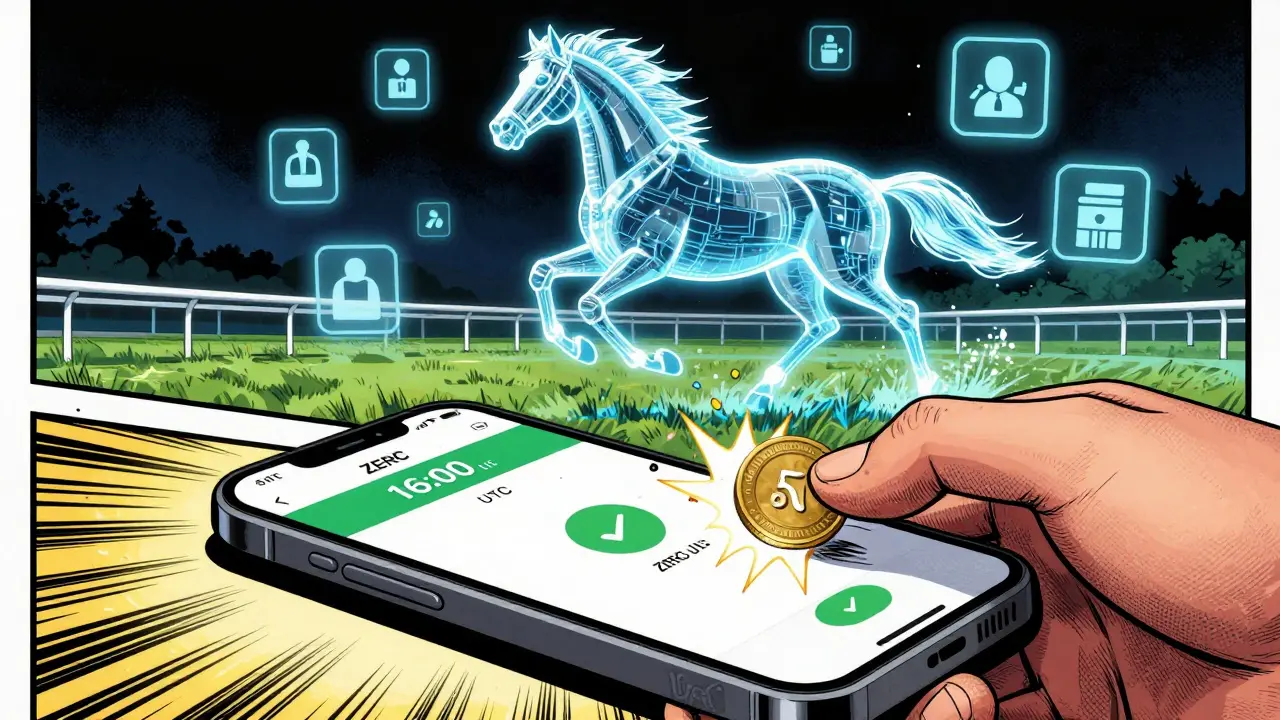 A smartphone screen automatically fills with ZERC tokens at 16:00 UTC, with racing NFTs and reward icons bursting around it.
