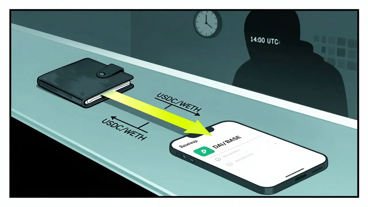 A wallet connecting to BaseSwap with crypto flowing between liquidity pools, while a front-running bot looms in the background.