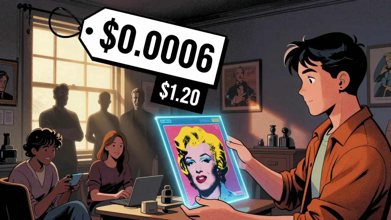 A young collector views a Warhol print on a hologram, as its price tag transforms from <h2>What Are the Risks?</h2>.0006 to .20 in sunlight.