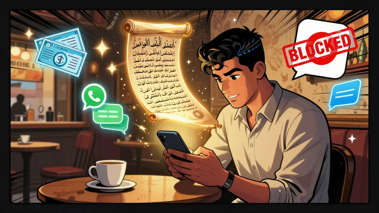 A young man in a Cairo coffee shop secretly sending Bitcoin, with a floating Islamic fatwa above him.