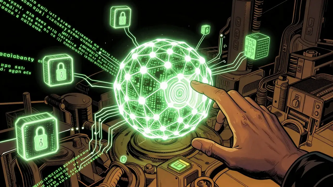 AI neural network merging with blockchain data blocks analyzed by a human hand.