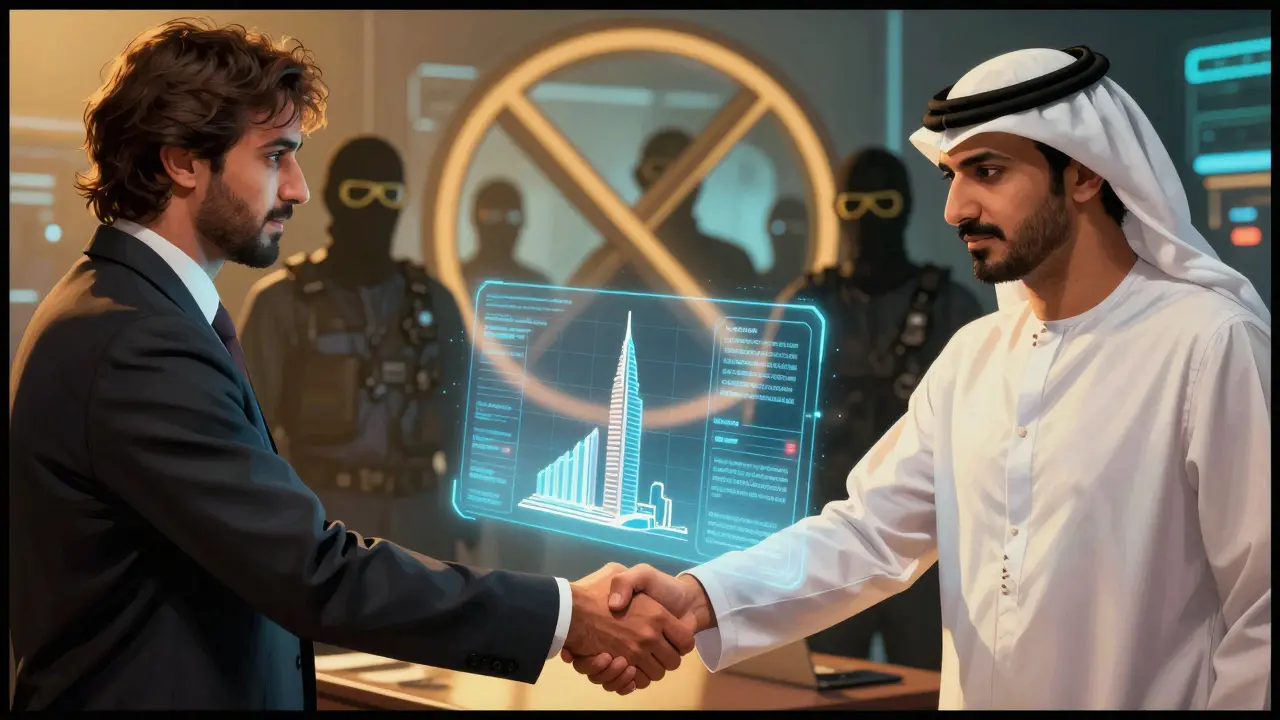 An investor shakes hands over a hologram of tokenized real estate, while crypto miners are blocked in shadow.