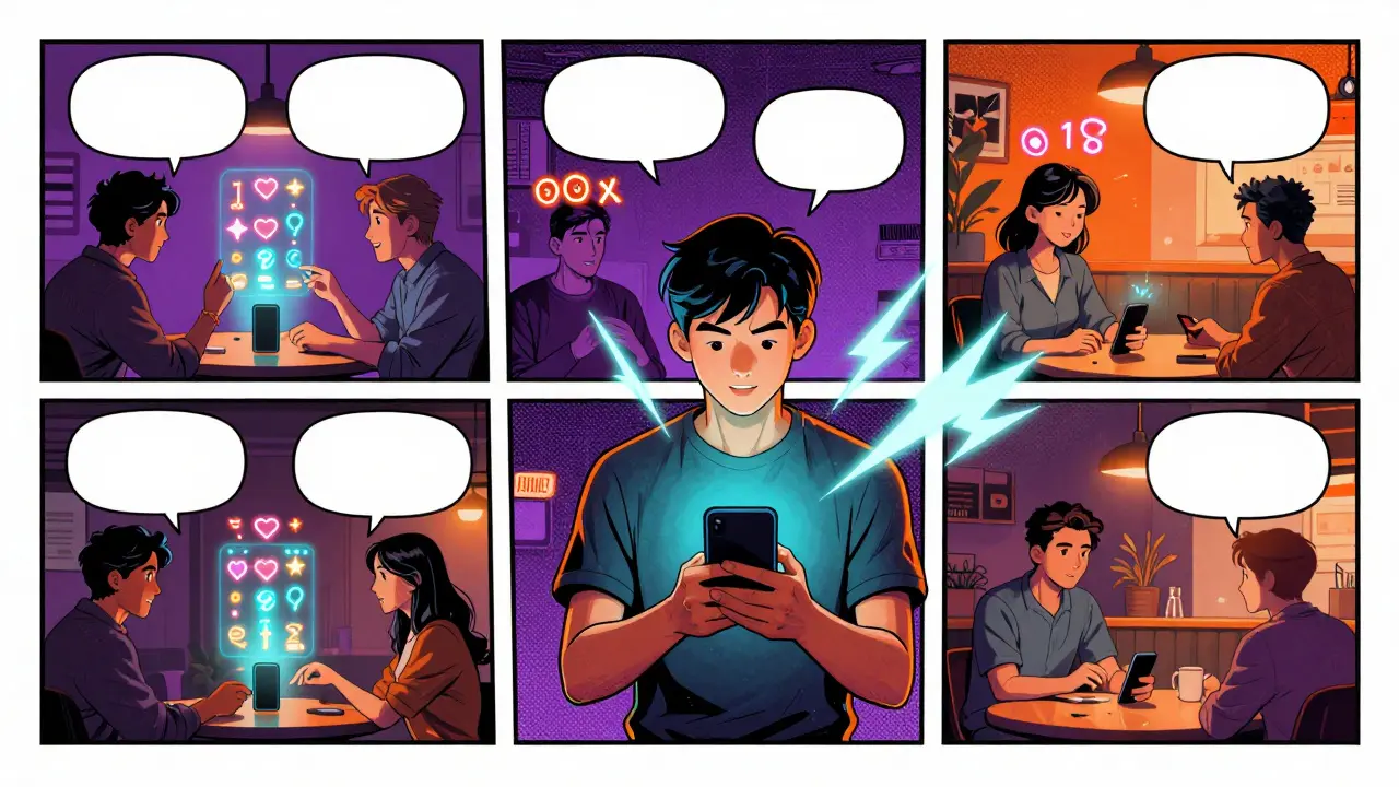 Characters connect socially with floating personality symbols around heads