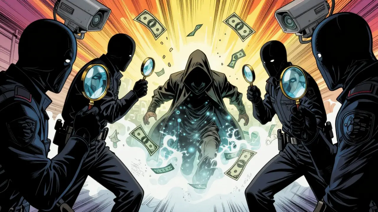 Cloaked figure fleeing while shadowed enforcers watch with magnifiers