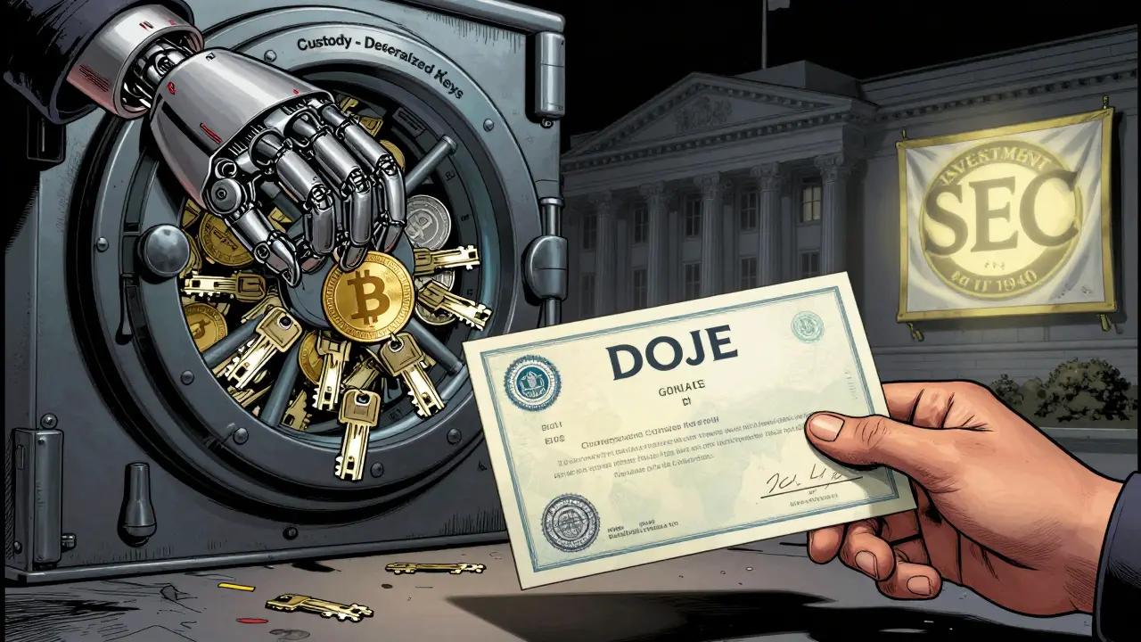 Contrasting hands reaching for Dogecoin: one through decentralized keys, the other grabbing a regulated DOJE share certificate.