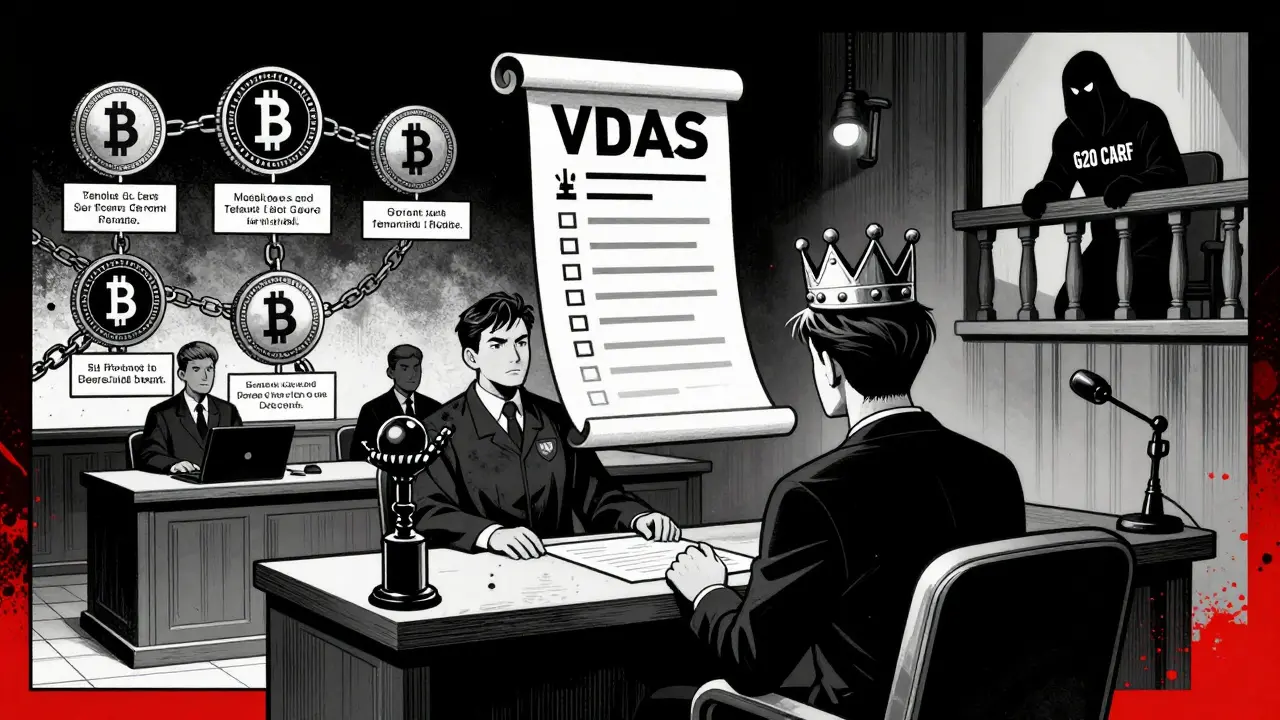 Courtroom scene with judge wearing digital rupee crown, NFTs and staking rewards chained as taxable