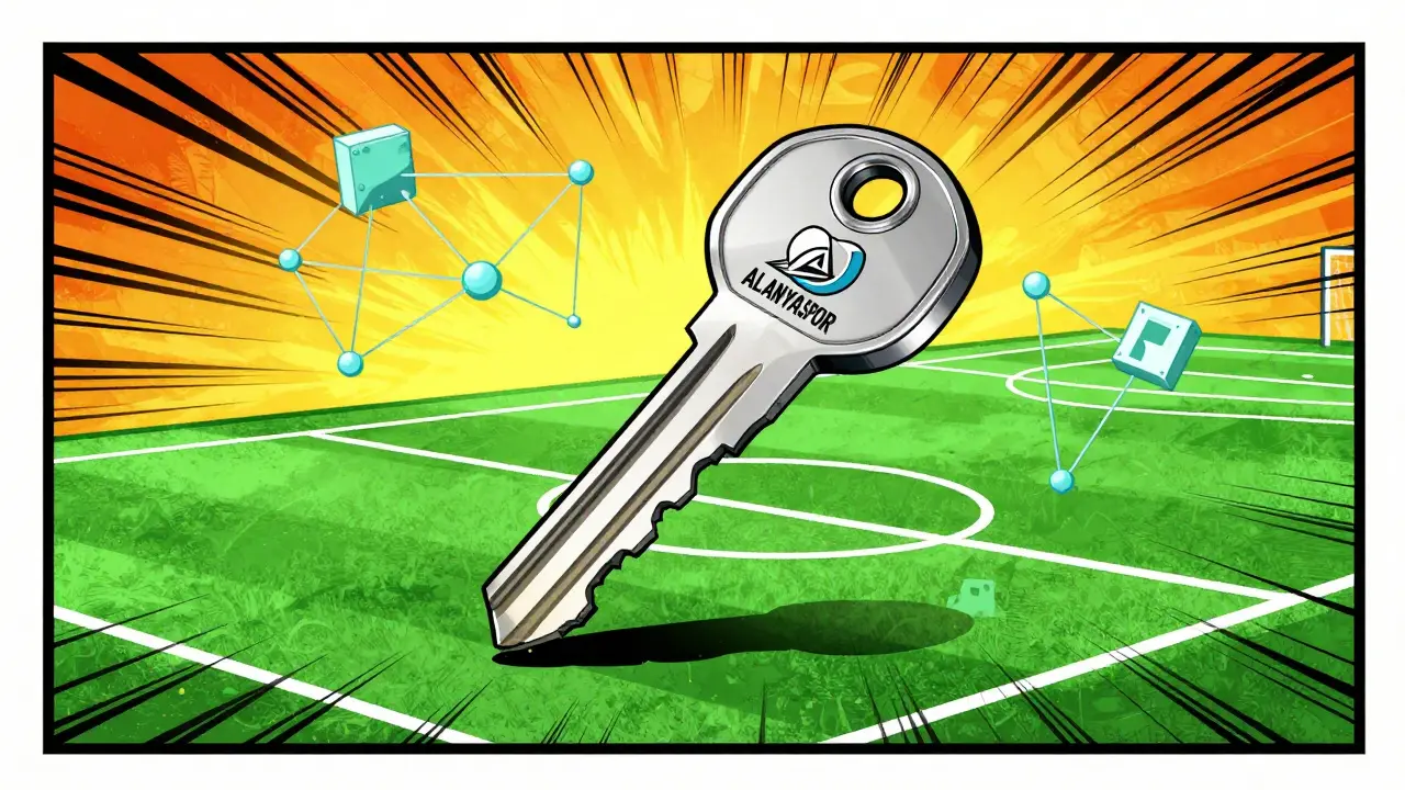 Digital key floating above football field with network nodes