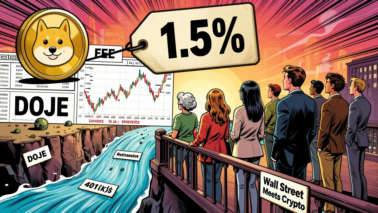 Diverse investors on a bridge connecting Wall Street and crypto, with DOJE shares flowing into retirement accounts above a chasm.