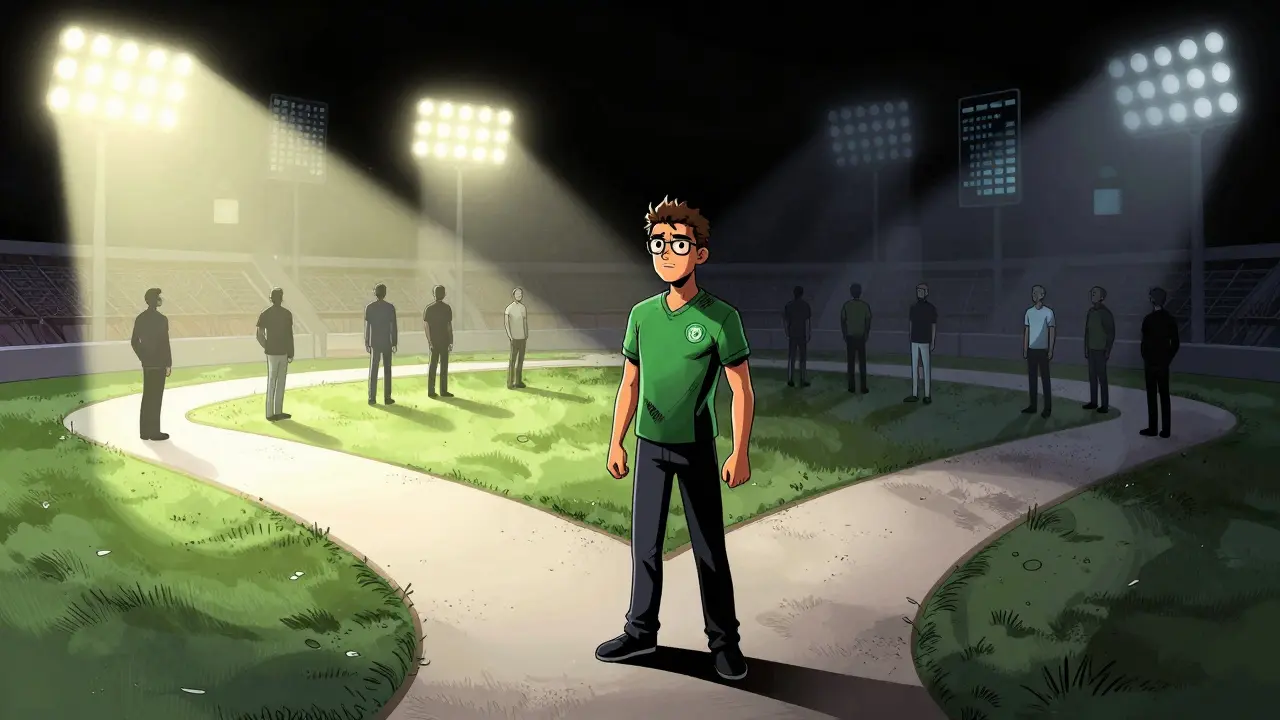 Fan at crossroads between stadium lights and shadowy path