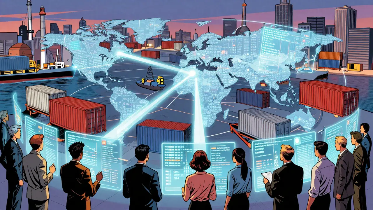 Futuristic cargo ships linked by holographic ledgers in an industrial cityscape.