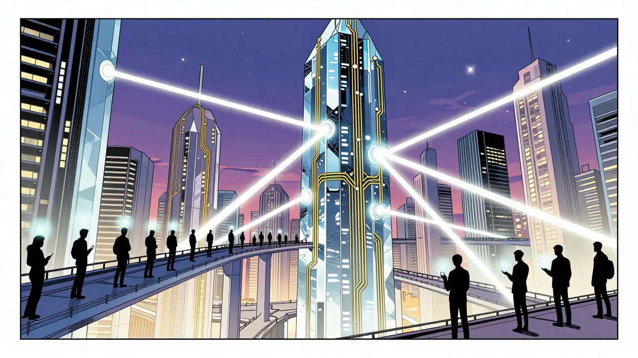 Futuristic city with gold circuit towers connected by white light beams.