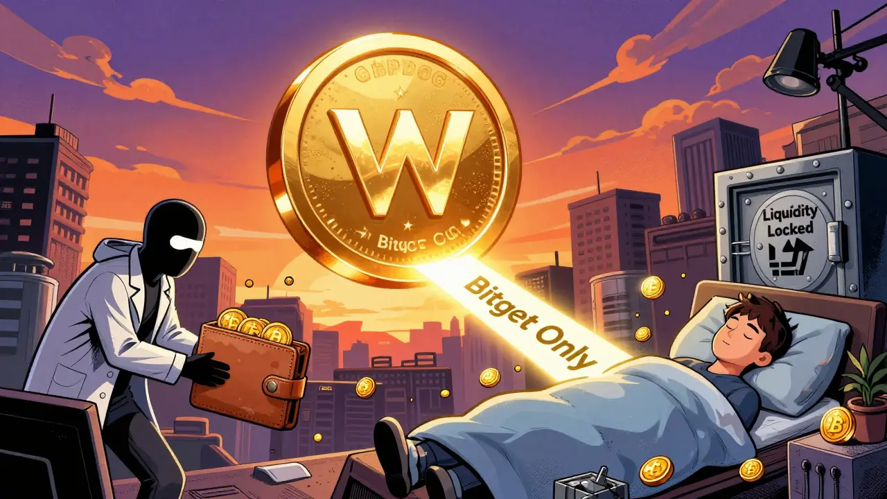 Giant WifeDoge token with scammer on one side and safe holder on the other, path labeled 'Bitget Only'.