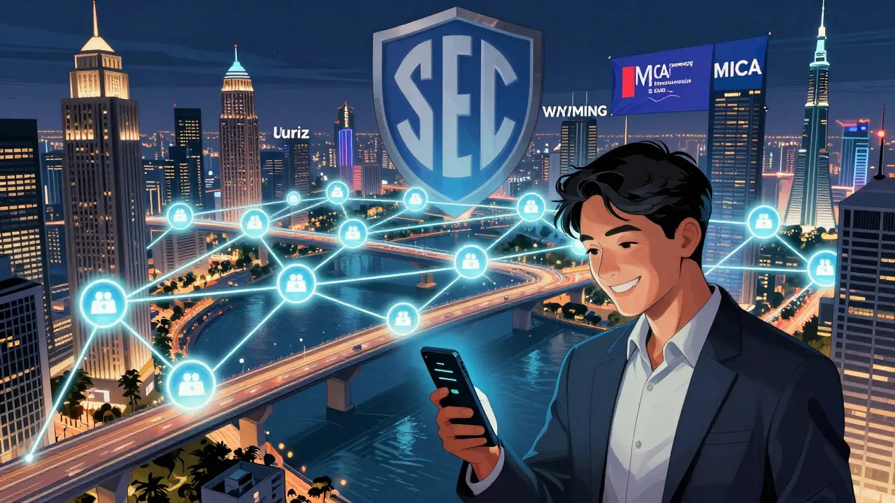 Global network of blockchain bridges connecting cities, with an investor viewing a dividend payout on their phone as regulatory symbols loom in the background.