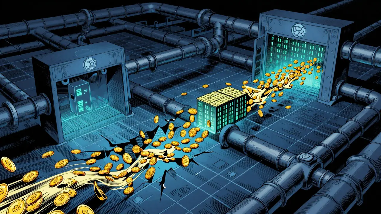 Gold coins turning into code inside dark encrypted tunnel structure